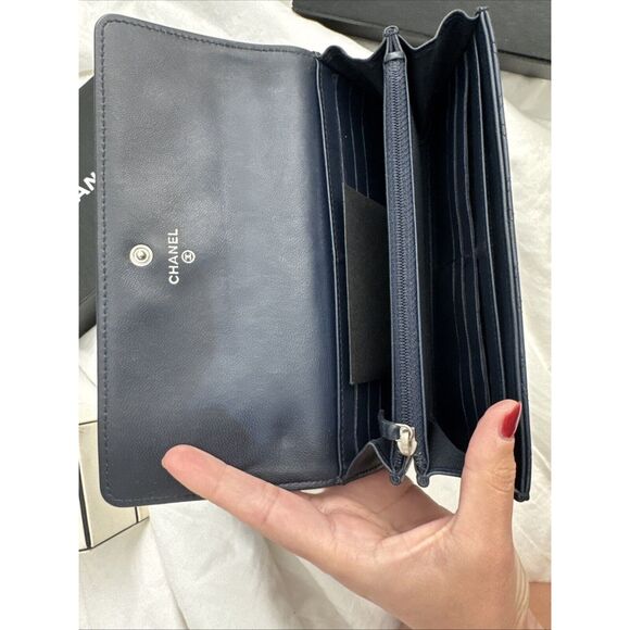 CHANEL Logo Navy Silver Toe Double Stitch Long Wallet W/box - Picture 12 of 16